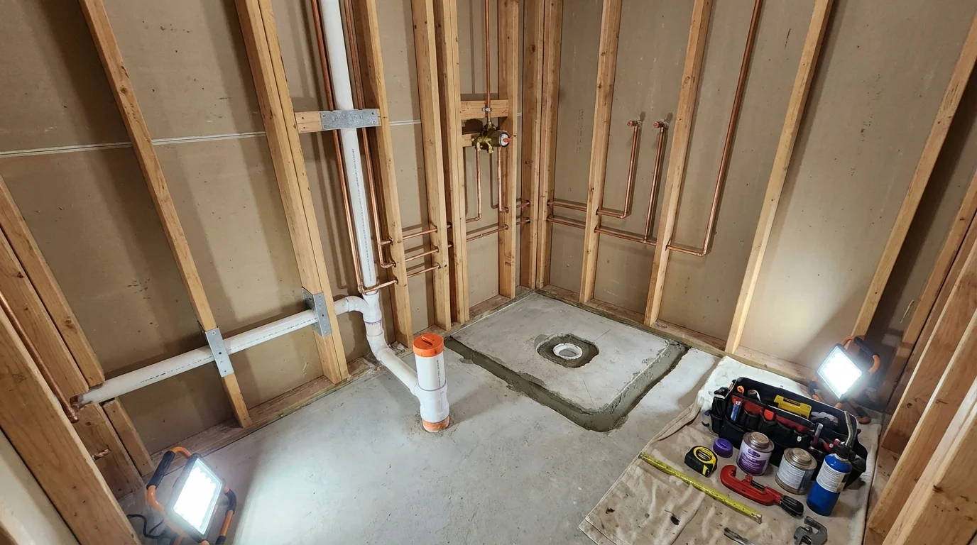 Bathroom rough-in plumbing during remodel by Johns Plumbing LLC in Larchmont
