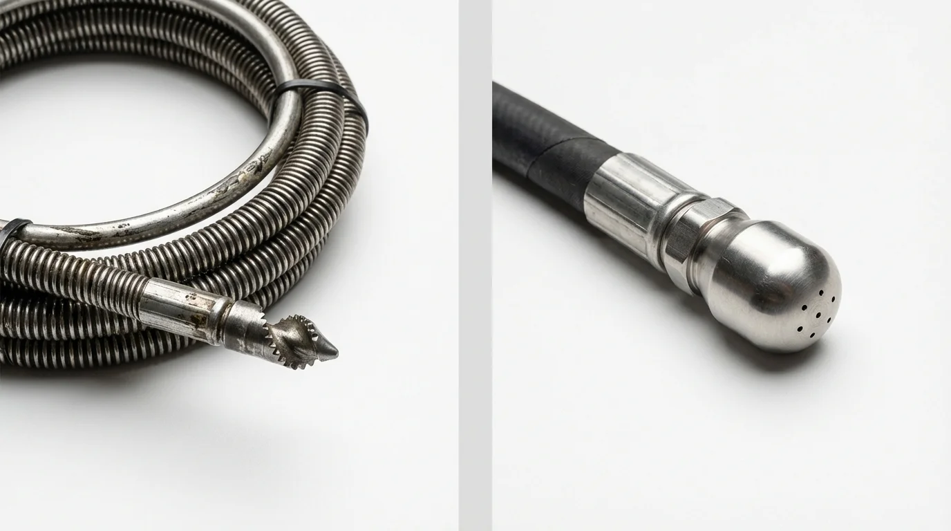 Drain snake cable and hydro jetting nozzle used for drain cleaning in Larchmont, NY