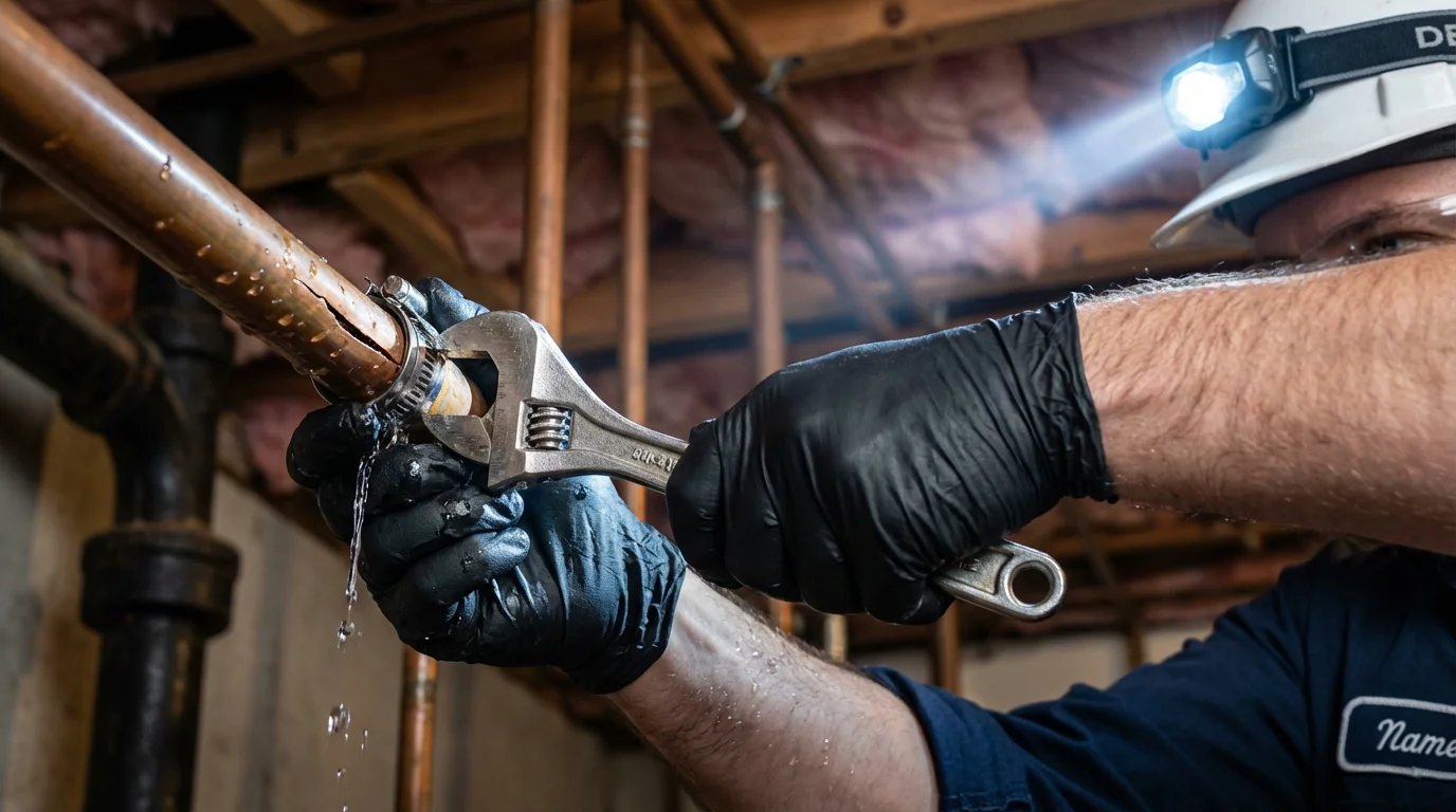 Emergency pipe clamp repair being performed by a Johns Plumbing LLC plumber in Larchmont