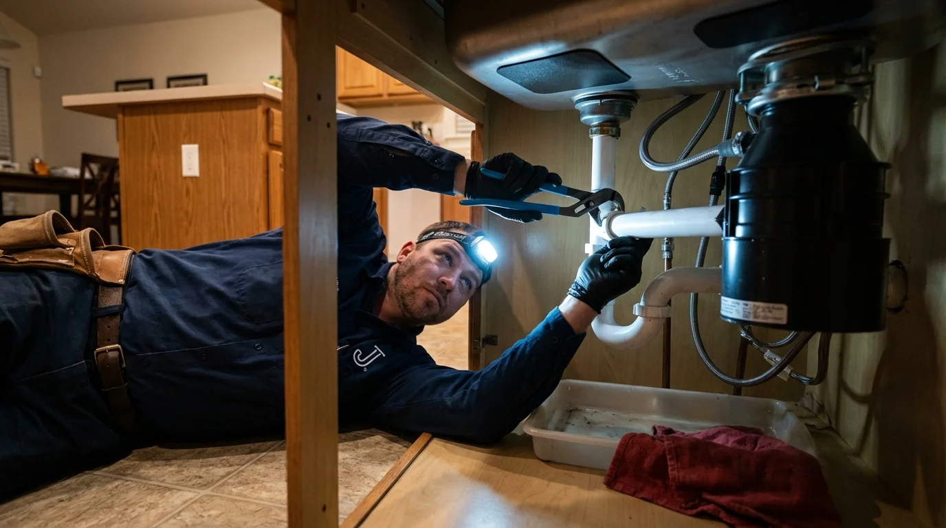 P-trap and supply line connections under a kitchen sink showing a common leak point in Larchmont, NY